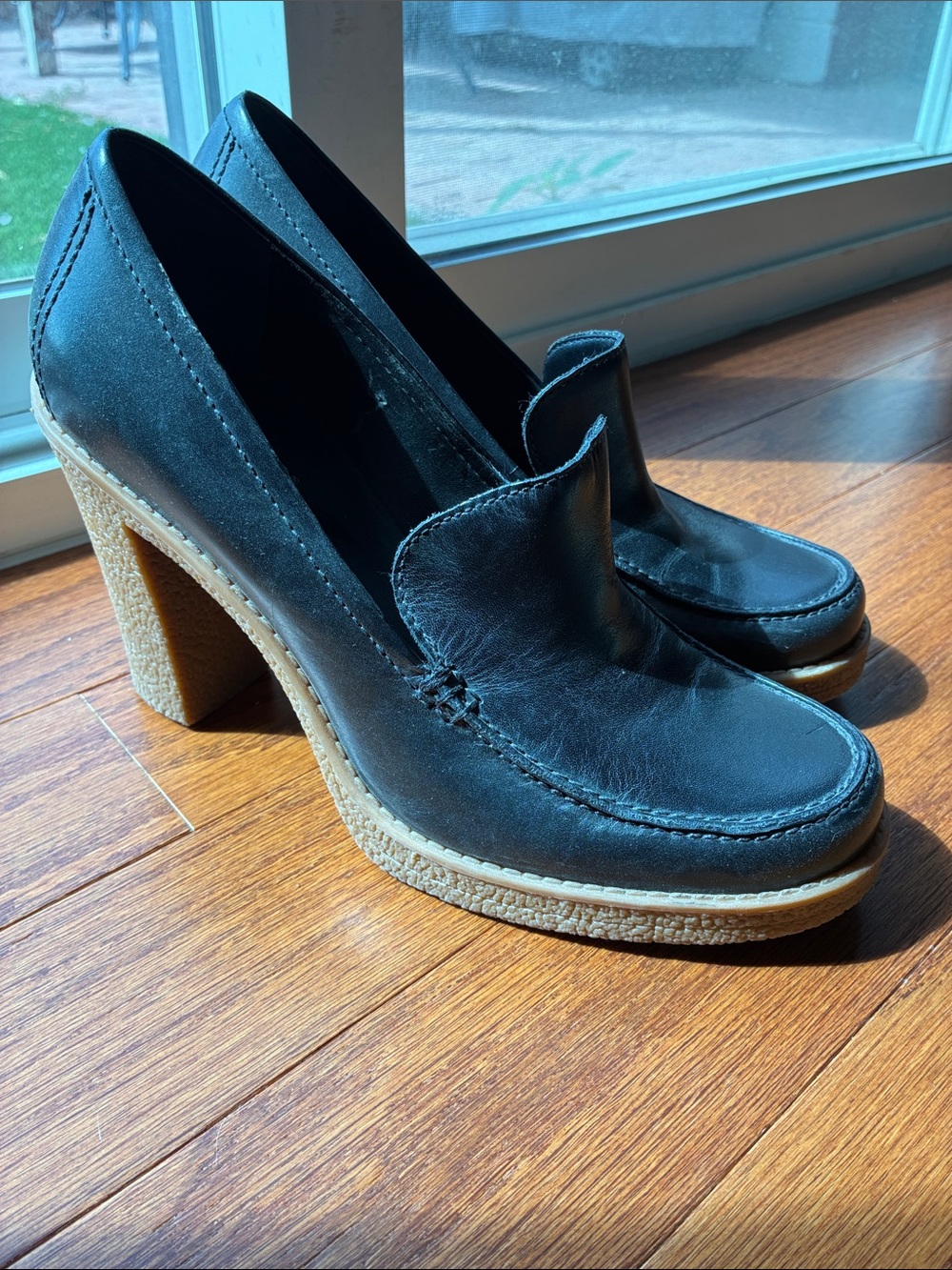 Franco Sarto Black Leather Platform Block Heel Loafers 8.5